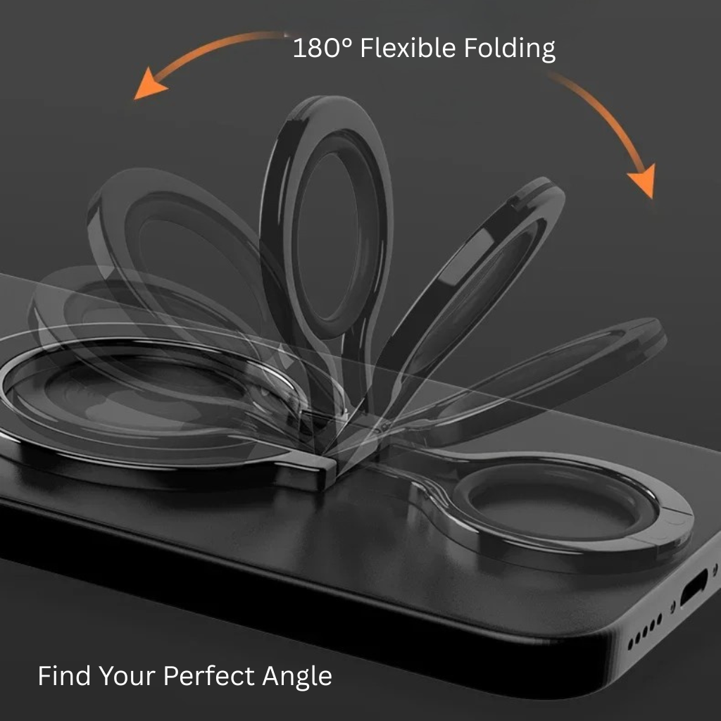 Magnetic ring phone holder on a smartphone, illustrated with multiple folding angles and the text “180° Flexible Folding, Find Your Perfect Angle.”