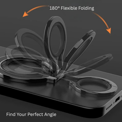 Magnetic ring phone holder on a smartphone, illustrated with multiple folding angles and the text “180° Flexible Folding, Find Your Perfect Angle.”