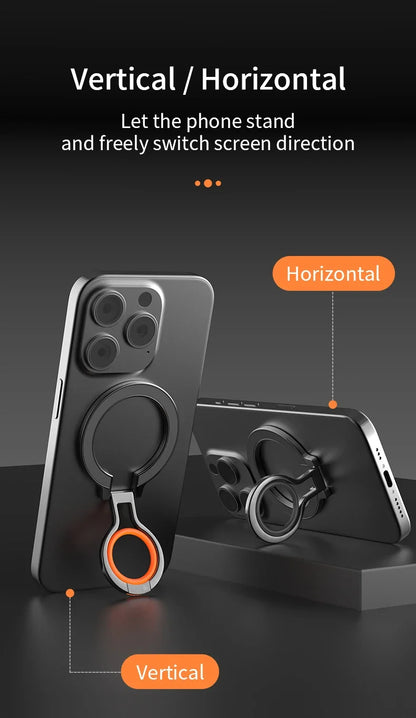 Smartphone placed upright and horizontally using a magnetic ring holder, demonstrating vertical and horizontal screen support.
