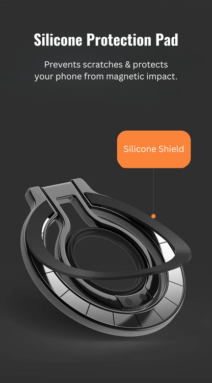 Close-up of a magnetic ring holder showing the silicone protection pad with the label "Silicone Shield" and a description of its protective function for phones.