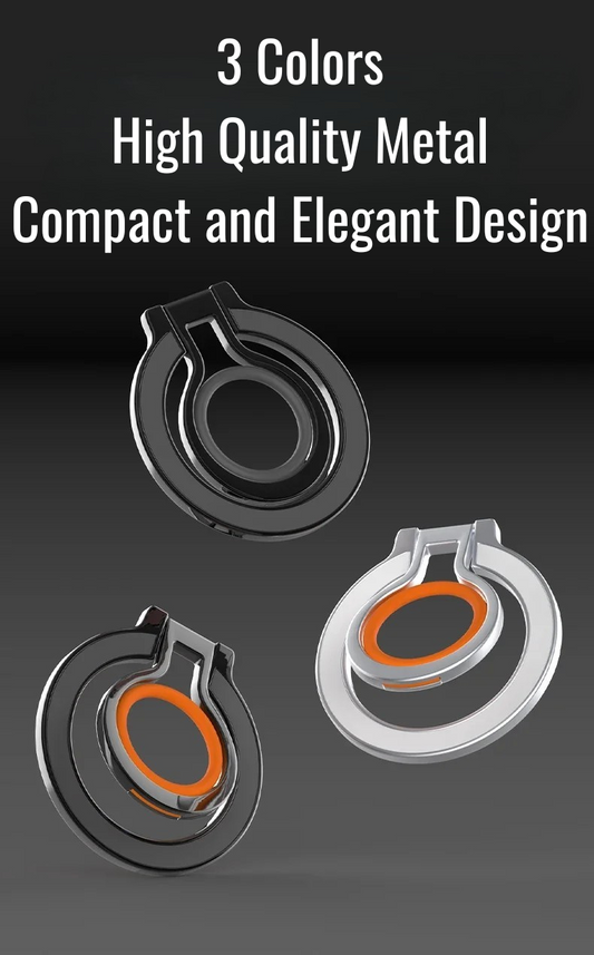 Three magnetic ring holders in different colors, displayed floating against a dark background, highlighting their compact and elegant metal design.