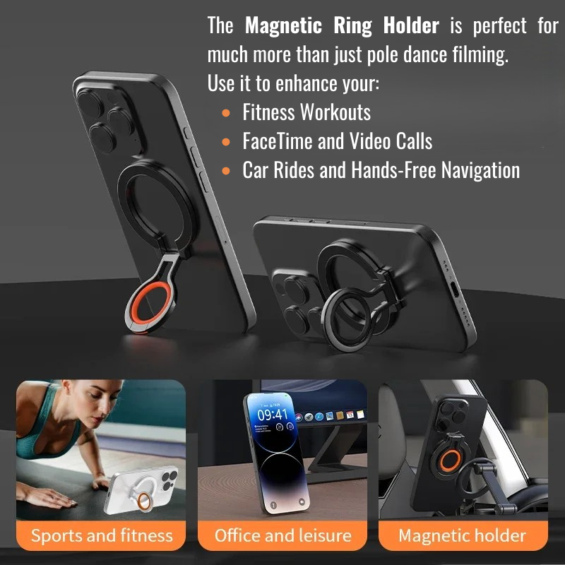 Magnetic ring holder used as a phone stand for multiple activities, including sports and fitness, office and leisure, and hands-free use in the car.

