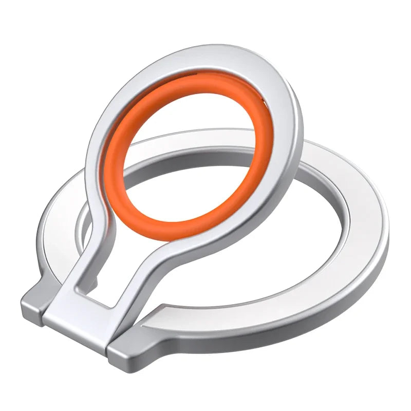 Magnetic ring phone holder with white metal and orange silicone ring, shown in open position, product close-up on a white background.