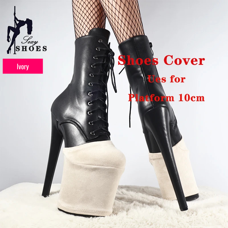 Pair of black platform heels for pole dance with ivory platform protector covers, designed for 10cm platform, shown on person’s feet.