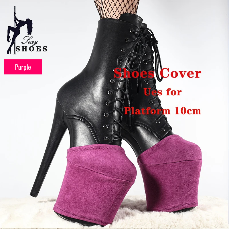 Pair of black platform heels for pole dance with purple platform protector covers, designed for 10cm platform, shown on person’s feet.