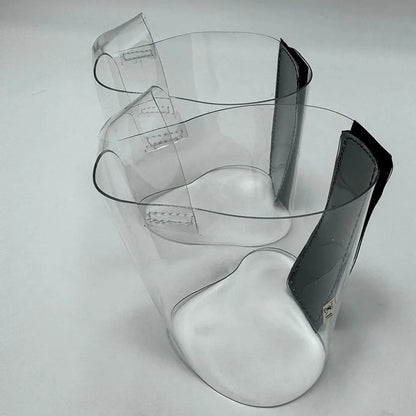Pair of Transparent platform protectors with a black rear hook-and-loop closure heel shown from the left side