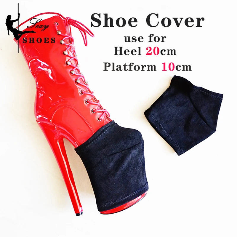 Black Platform Protection for high-heeled pole dance boots shown fitted on a red boot and at the side of the red boot laying flat. Suitable for 20cm heel and 10cm platform, with the sizes clearly indicated on the photo.
