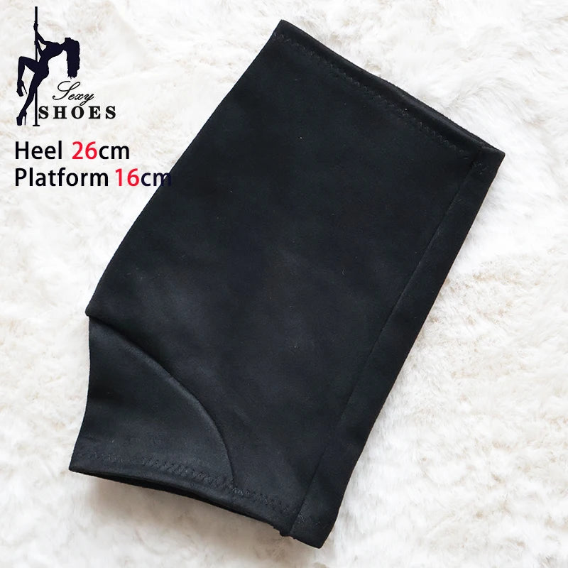 Large black platform protector sleeve for pole dance boots with 16cm platform, shown flat on light background, indicated for extra-tall platforms.