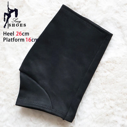 Large black platform protector sleeve for pole dance boots with 16cm platform, shown flat on light background, indicated for extra-tall platforms.