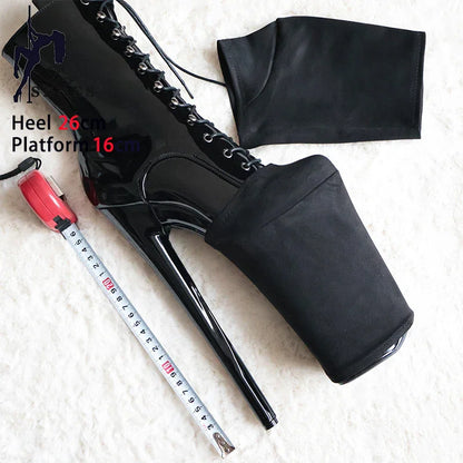 Black platform protector cover fitted to a high-heeled pole dance boot with 26cm heel and 16cm platform, size labels visible, with measuring tape for height reference.