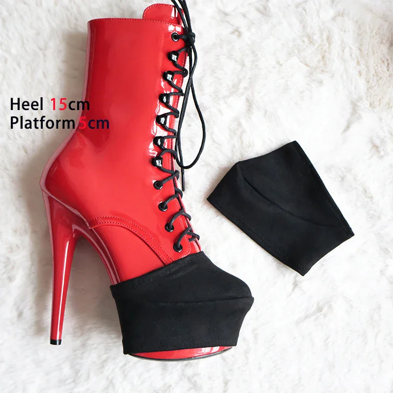 Black Platform Protection for high-heeled pole dance boots shown fitted on a red boot and at the side of the red boot laying flat. Suitable for 15cm heel and 5cm platform, with the sizes clearly indicated on the photo.