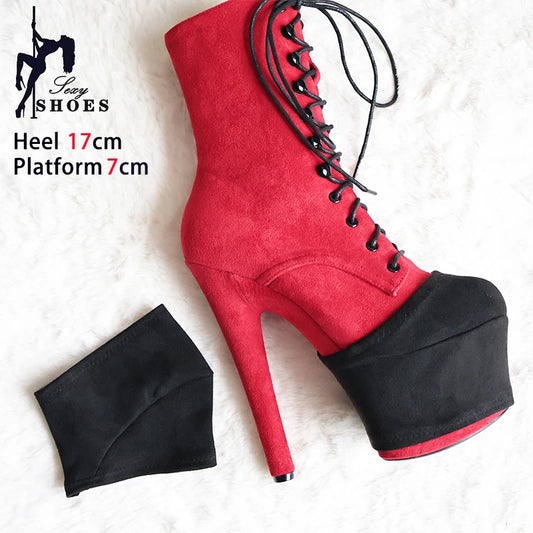 Black Platform Protection for high-heeled pole dance boots shown fitted on a red boot and at the side of the red boot laying flat. Suitable for 17cm heel and 7cm platform, with the sizes clearly indicated on the photo.