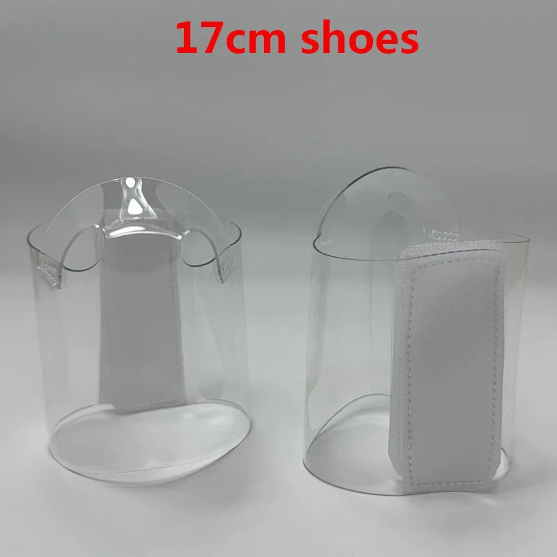 Pair of Transparent platform protectors with a white rear hook-and-loop closure for 17 cm pole dance heels