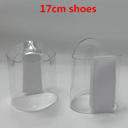 Pair of Transparent platform protectors with a white rear hook-and-loop closure for 17 cm pole dance heels