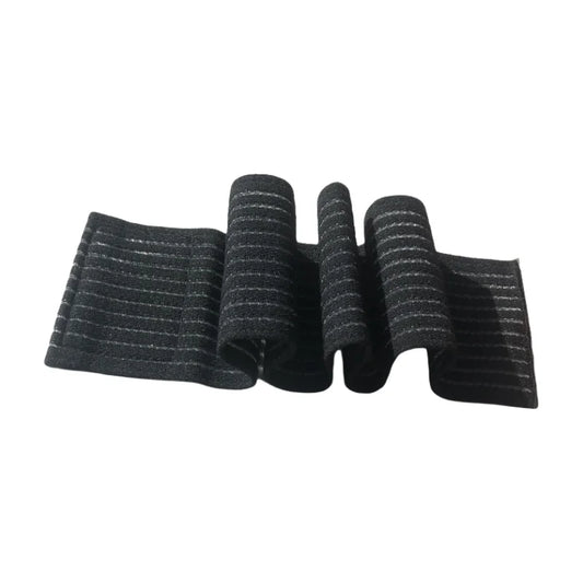 Black elastic knit wrist wrap displayed flat with weaves on white background 