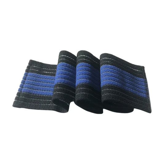 Black and Blue elastic knit wrist wrap displayed flat with weaves on white background 