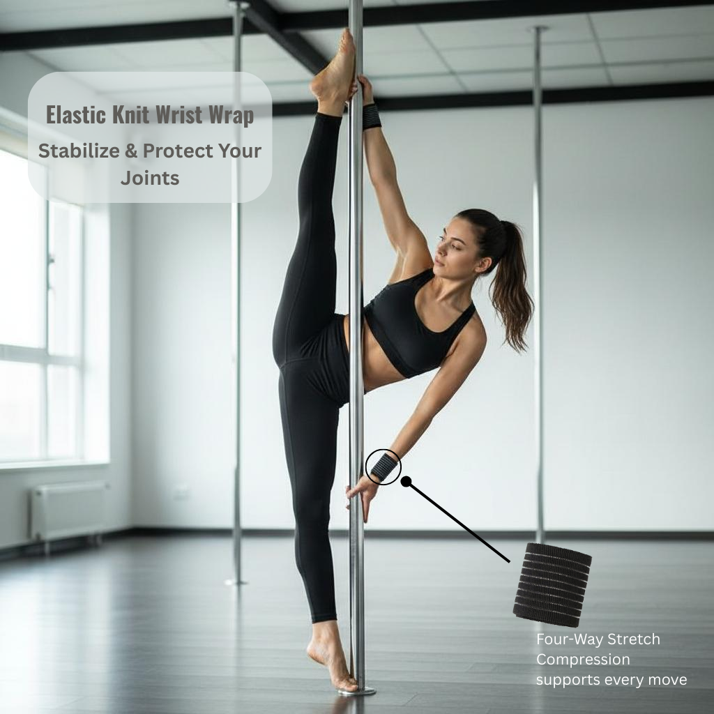 White woman pole dancer performing a split move on the pole wearing on both hands the elastic knit wrist wraps, showing four-way stretch compression support during training in studio.