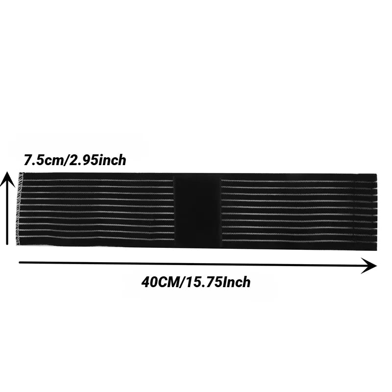 Black elastic knit wrist wrap dimensions diagram showing 7.5cm width and 40cm length measurements with detailed specifications.