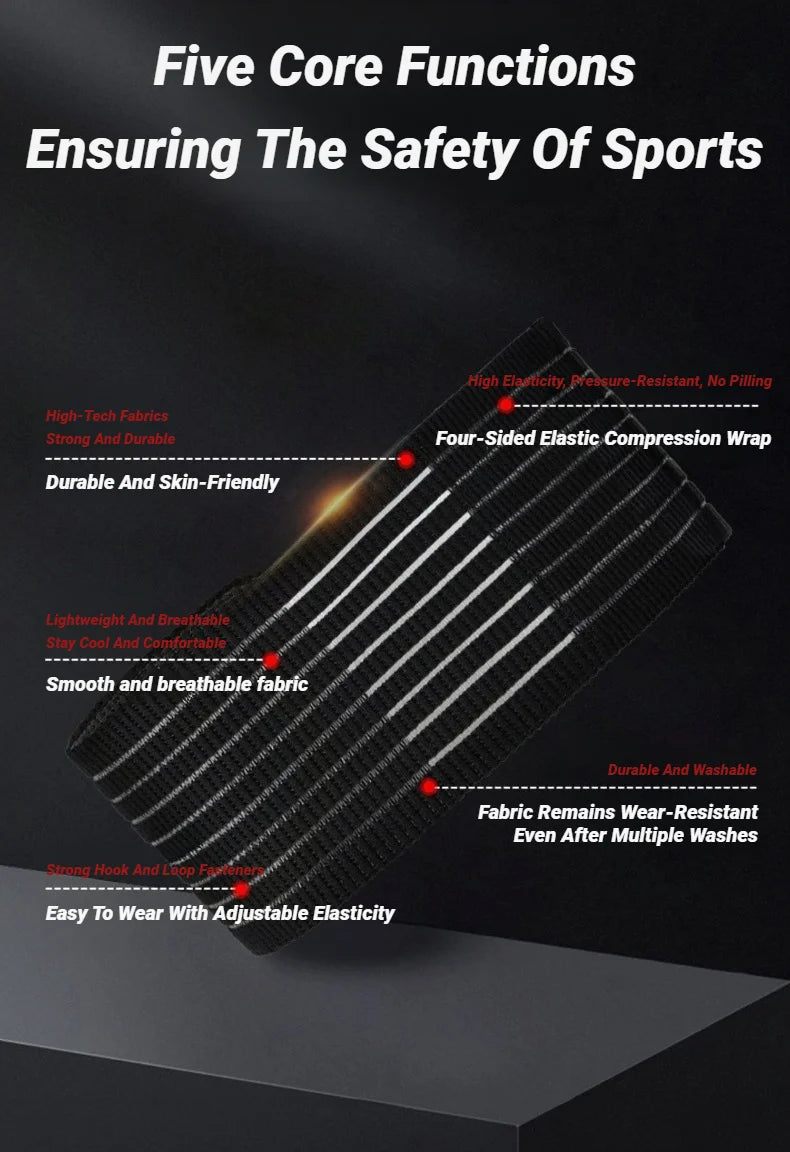 Elastic knit wrist wrap displayed with five core functions highlighted - high-tech fabrics, four-sided elastic compression, lightweight breathable design, durability and strong hook-and-loop fasteners.