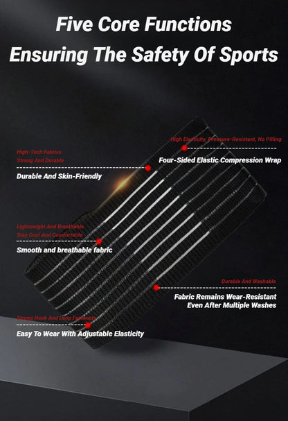 Elastic knit wrist wrap displayed with five core functions highlighted - high-tech fabrics, four-sided elastic compression, lightweight breathable design, durability and strong hook-and-loop fasteners.