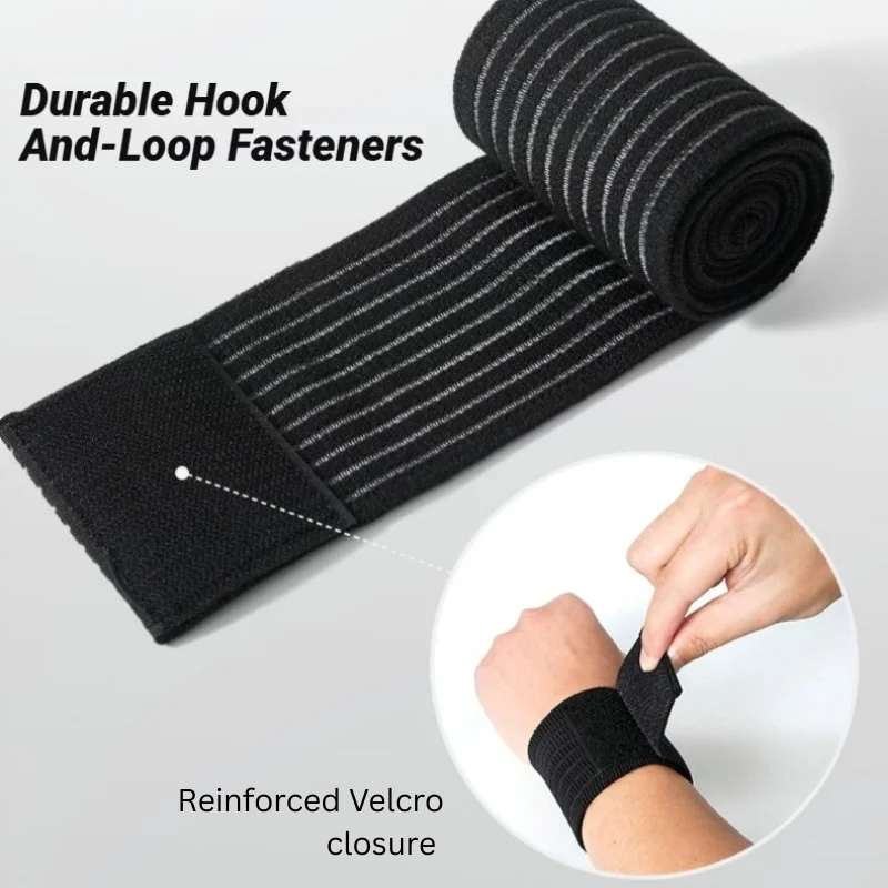 Close-up of elastic wrist wrap with reinforced velcro fastener and inset image of hand securing the wrap, demonstrating durable hook-and-loop closure.