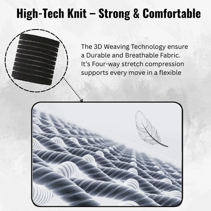 High-tech knit wrist wrap fabric close-up showcasing 3D weaving technology with four-way stretch compression and lightweight breathable properties.