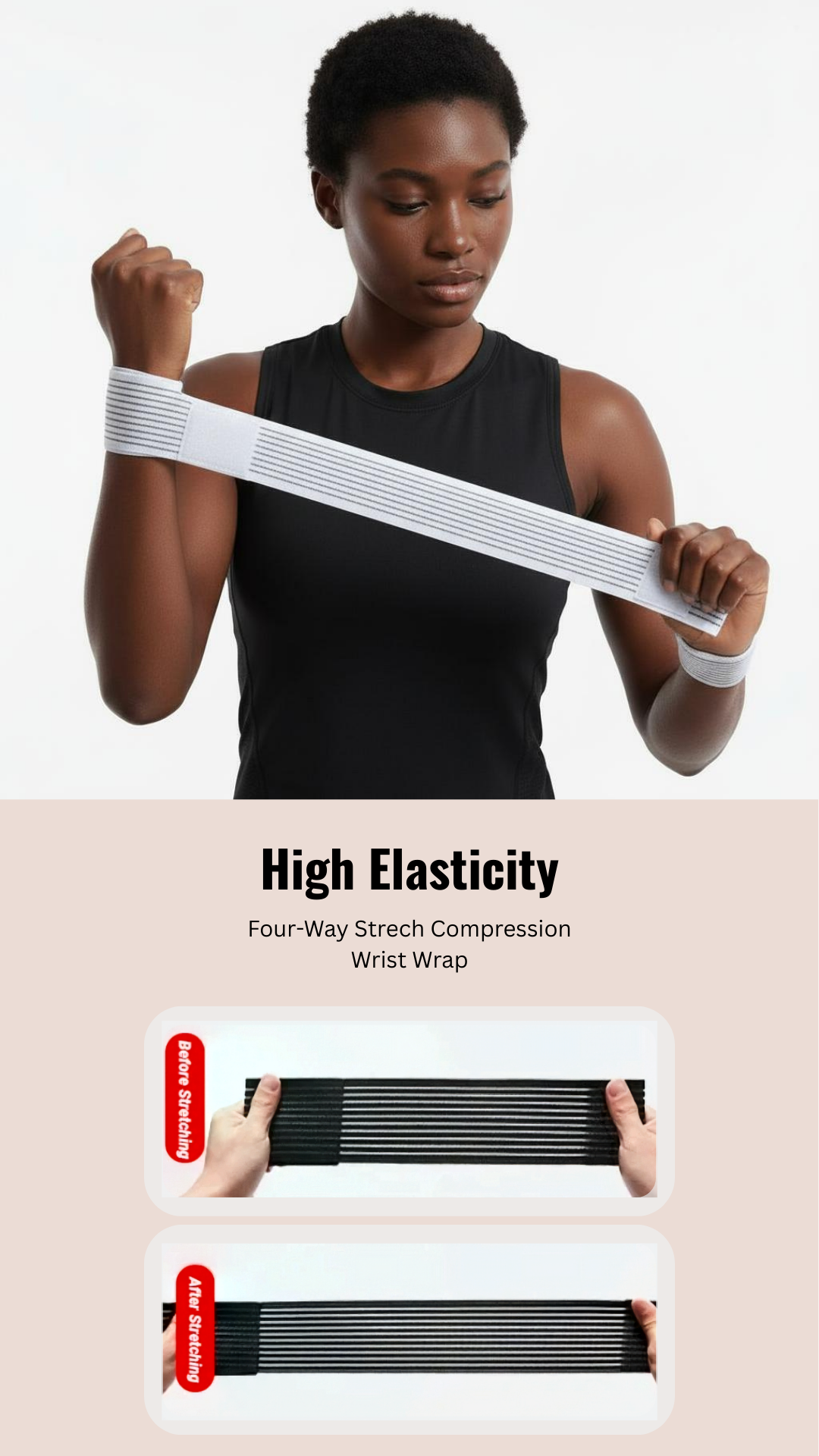 Athletic black woman wearing a white elastic wrist wrap demonstrating adjustable stretch fit, with focus on high elasticity fabric.