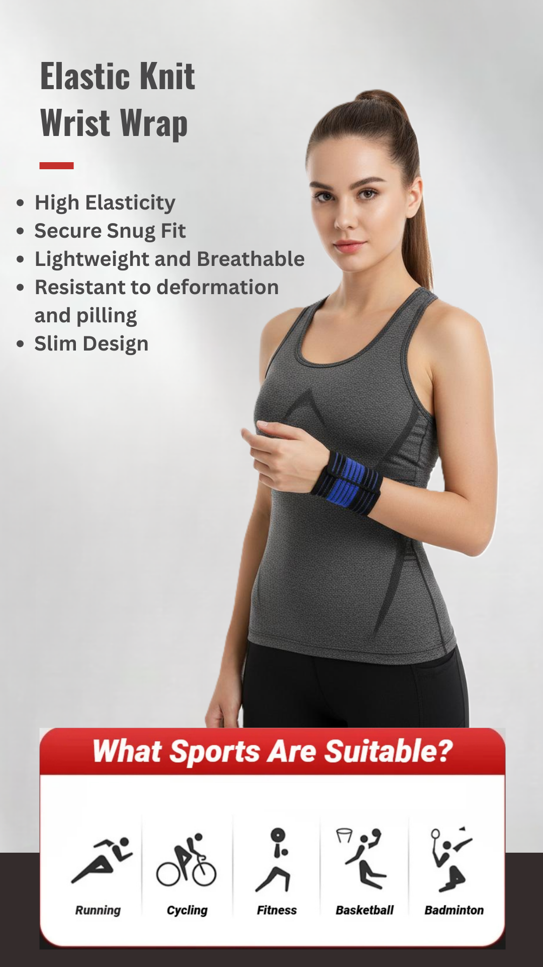 Athletic white woman wearing black and blue elastic wrist wrap demonstrating high elasticity, secure fit, and breathable design with sports activity icons below.