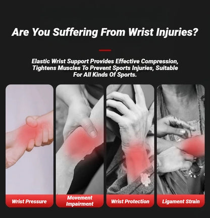 Four-panel illustration showing wrist pressure, movement impairment, wrist protection, and ligament strain highlighted in red to depict common wrist injury scenarios
