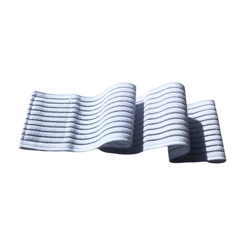 White elastic knit wrist wrap displayed flat with weaves on white background 