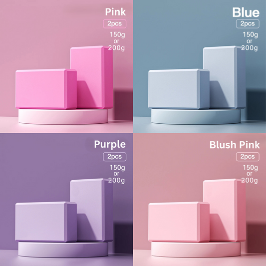 Grid displaying four pairs of high-density foam yoga blocks in different colors: pink, blue, purple, and blush pink, each with weight and quantity details.