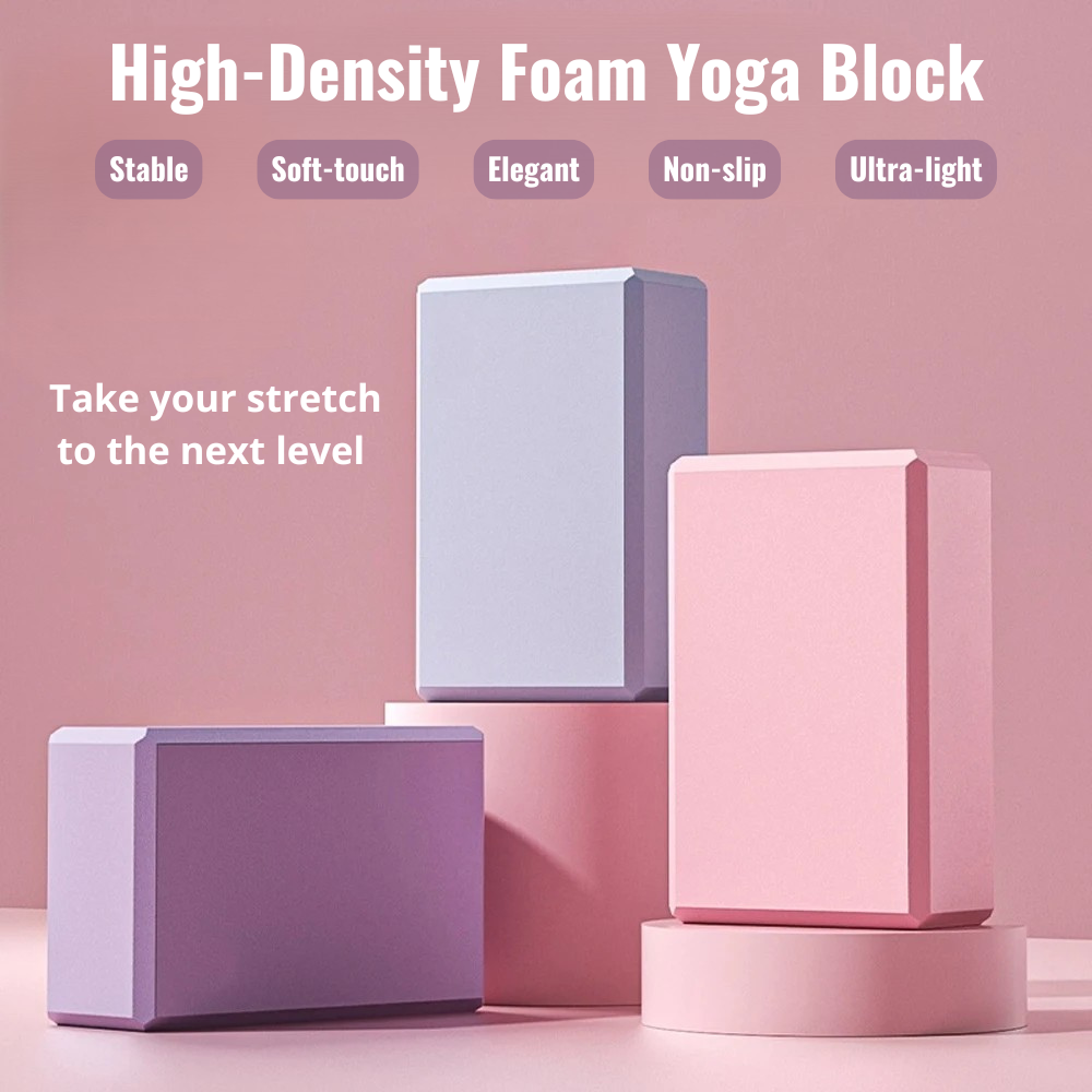 Three high-density foam yoga blocks in different colors (purple, blush pink, light pink) on display stands. Text highlights 'Stable, Soft-touch, Elegant, Non-slip, Ultra-light' and 'Take your stretch to the next level'.