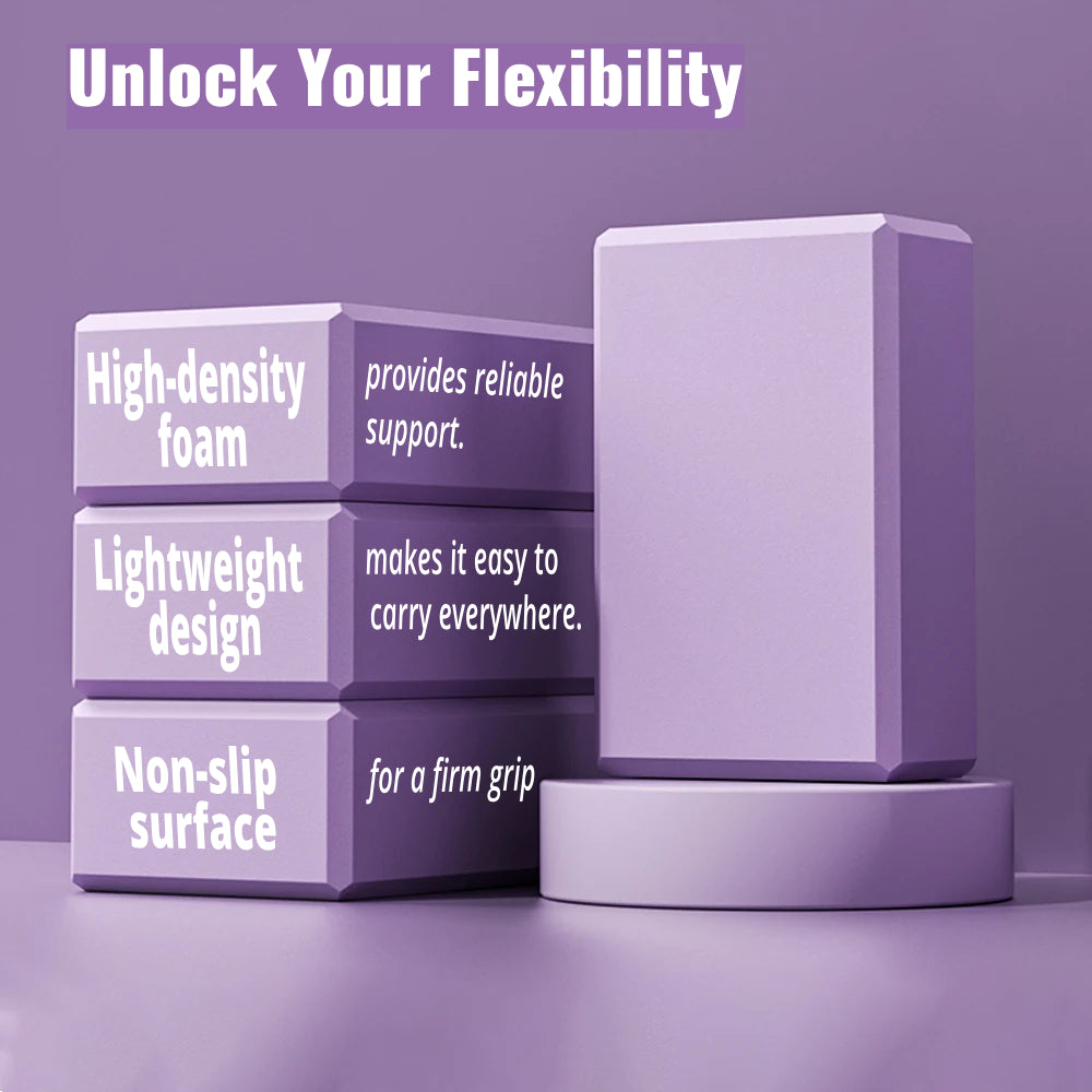 Three purple high-density foam yoga blocks lying vertically on top of each other with Text lists features: 'High-density foam provides reliable support,' 'Lightweight design makes it easy to carry everywhere,' and 'Non-slip surface for a firm grip,' under the heading 'Unlock Your Flexibility' and on the left of a fourth purple yoga block standing vertically on top of a support.