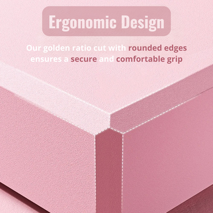 Close-up of a pink yoga block showing its ergonomic, rounded edges with dotted lines indicating the 'golden ratio cut.' Text explains 'Ergonomic Design: Our golden ratio cut with rounded edges ensures a secure and comfortable grip'.