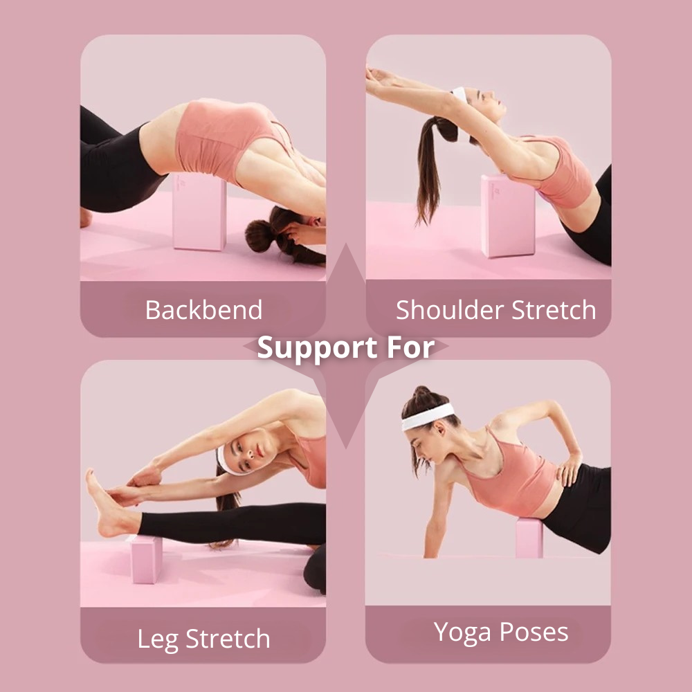 Collage of four images showing a woman using a pink yoga block to support various yoga and stretching poses: Backbend, Shoulder Stretch, Leg Stretch, and Yoga Poses. Header in the middle states 'Support For '.