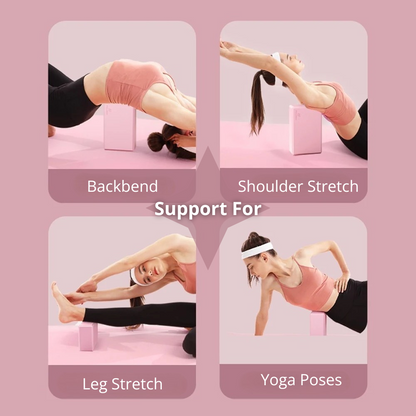 Collage of four images showing a woman using a pink yoga block to support various yoga and stretching poses: Backbend, Shoulder Stretch, Leg Stretch, and Yoga Poses. Header in the middle states 'Support For '.