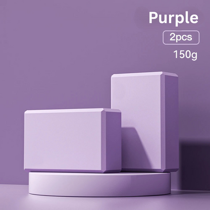Two Purple high-density foam yoga blocks on a Purple  display stand, indicating 'Purple, 2pcs, 150g
