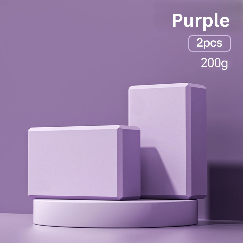 Two Purple high-density foam yoga blocks on a Purple  display stand, indicating 'Purple, 2pcs, 200g